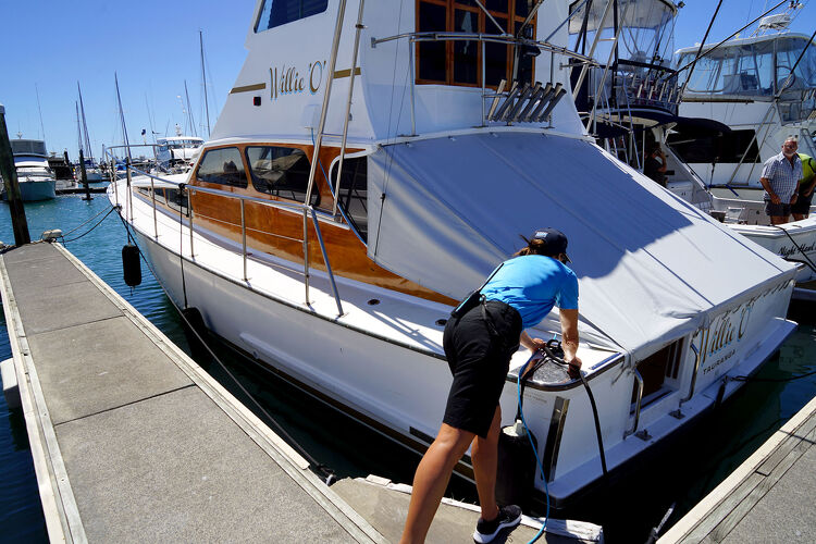 Crew member securing a boat named 'Willie O' at the dock in Tauranga Marina, Bay of Plenty, New Zealand.